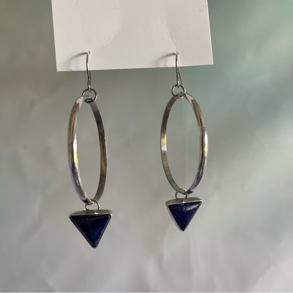 Silver Hoop Lapis Lazuli Drop Earrings - Picture 5 of 9